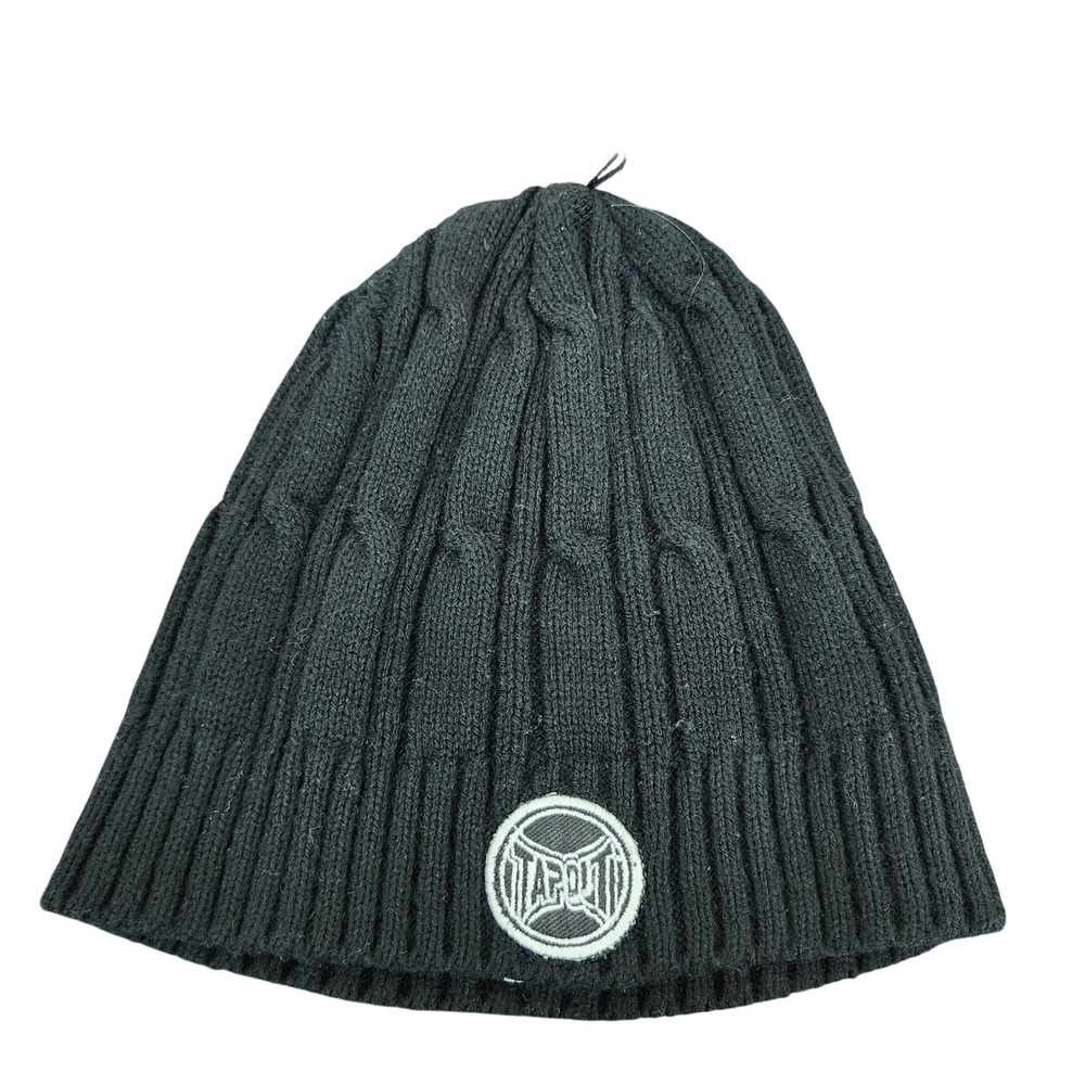 Tapout Mens Black Reversible Cable Knit Beanie MMA Logo Winter Hat One Size